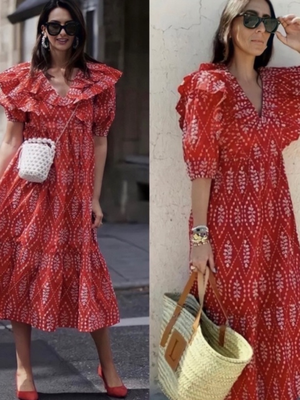 ZARA Red Dress with White Floral Embroidery